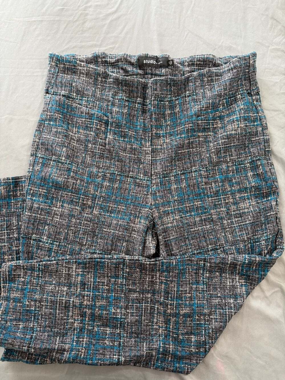Studio by Torrid Pull-On Luxe Ponte Pencil Pants in Gray Blue Plaid